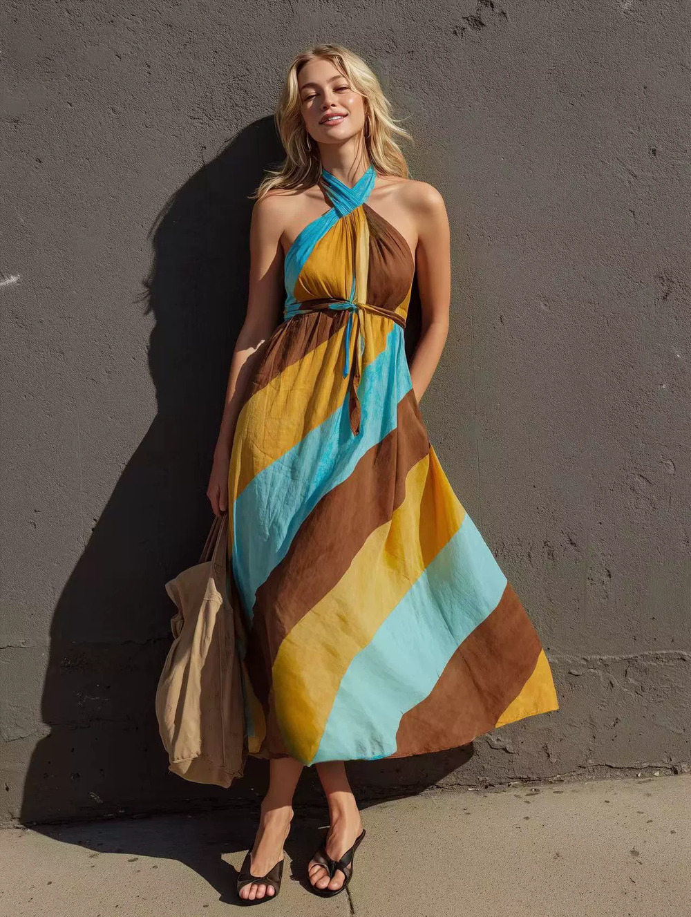 ZARA Summer Vacation Contrast Stripe Halter Neck Tie Waist Flare Maxi Dress